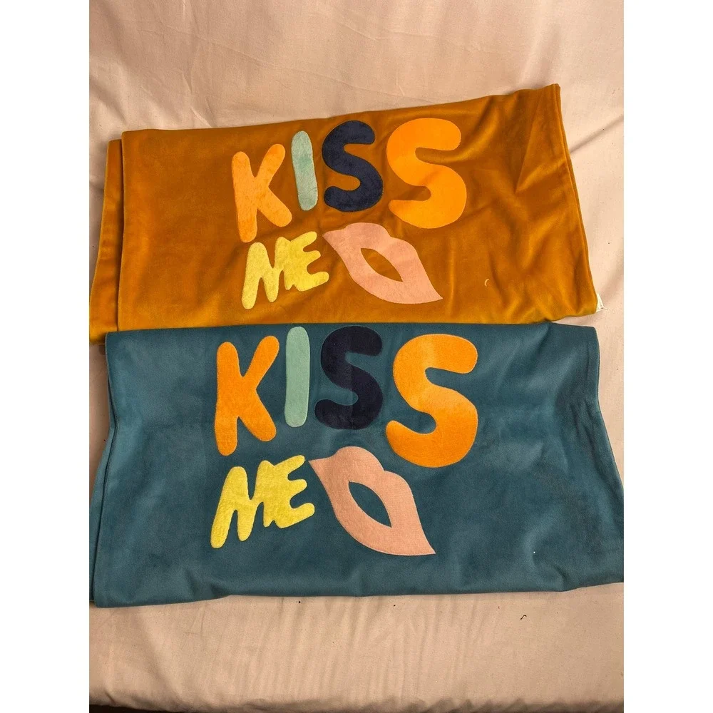 Set of 4 Kiss Me Velvet Throw Pillow Covers Teal Blue Mustard Yellow 17x17 Retro